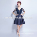 Graceful Short Sleeve Sweat Party Dress Últimas Design Chic Chiffon Evening Dress Navy Blue